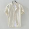 Men's Summer Casual Cotton-Linen Short Sleeve Stand Collar Shirt - Dark Blue Retro Chinese Style