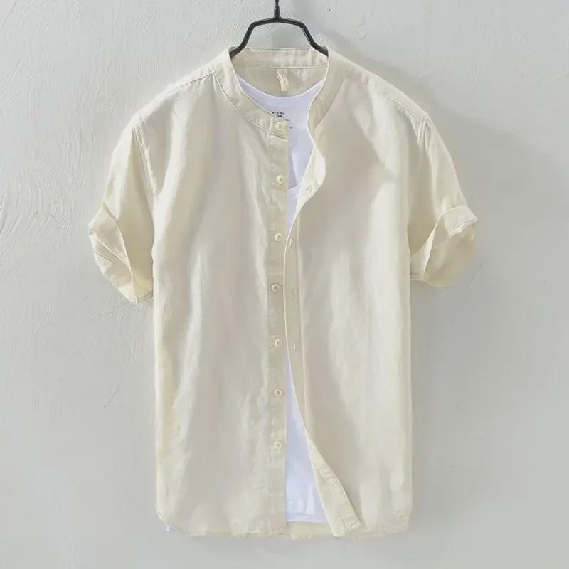 Men's Summer Casual Cotton-Linen Short Sleeve Stand Collar Shirt - Dark Blue Retro Chinese Style