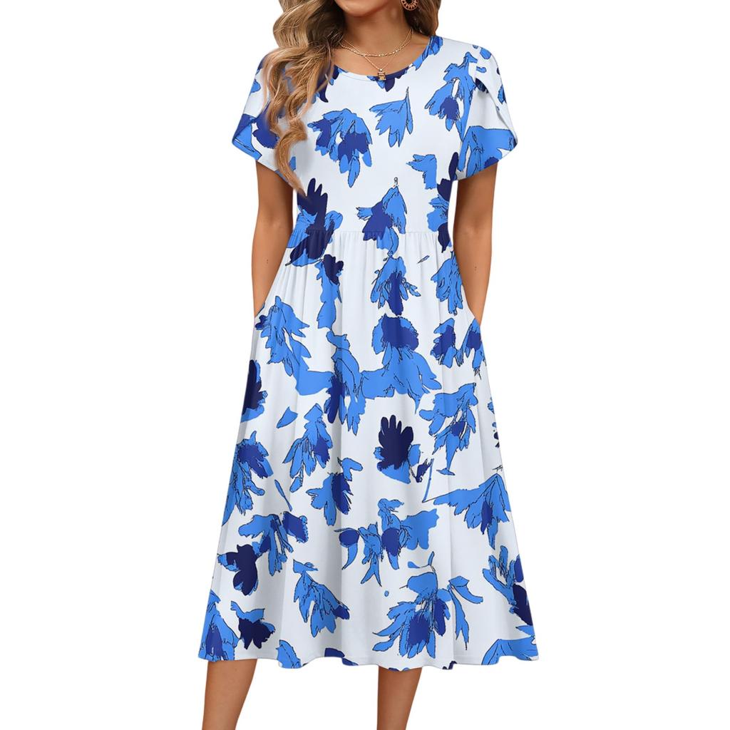 Damenmode Sommer Rundhals Kurzarm Blumendruck Strandkleider