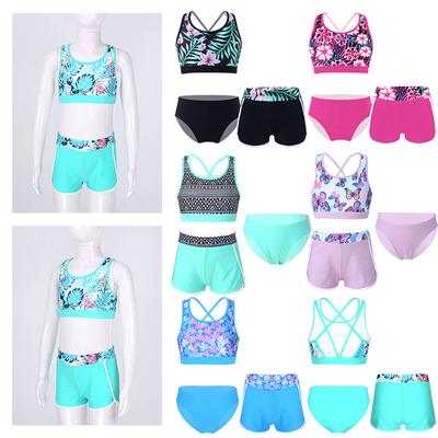 3-delige kindermeisjes badmode U-hals print crop tops met shorts en slips set strand zwembad Rashguard pak