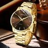 4PC Gold Luxury Men's Watch Set Fashionable Simple Lines Scale Round Dial Quartz Watch Bracelet Necklace Ring Set Perfect Gift