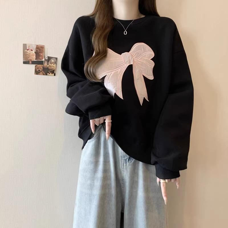 

Реальное фото хлопковый свитер с круглым вырезом без капюшона женская тонкая одежда свободный большой размер универсальный вышитый топ 2XL чёрный