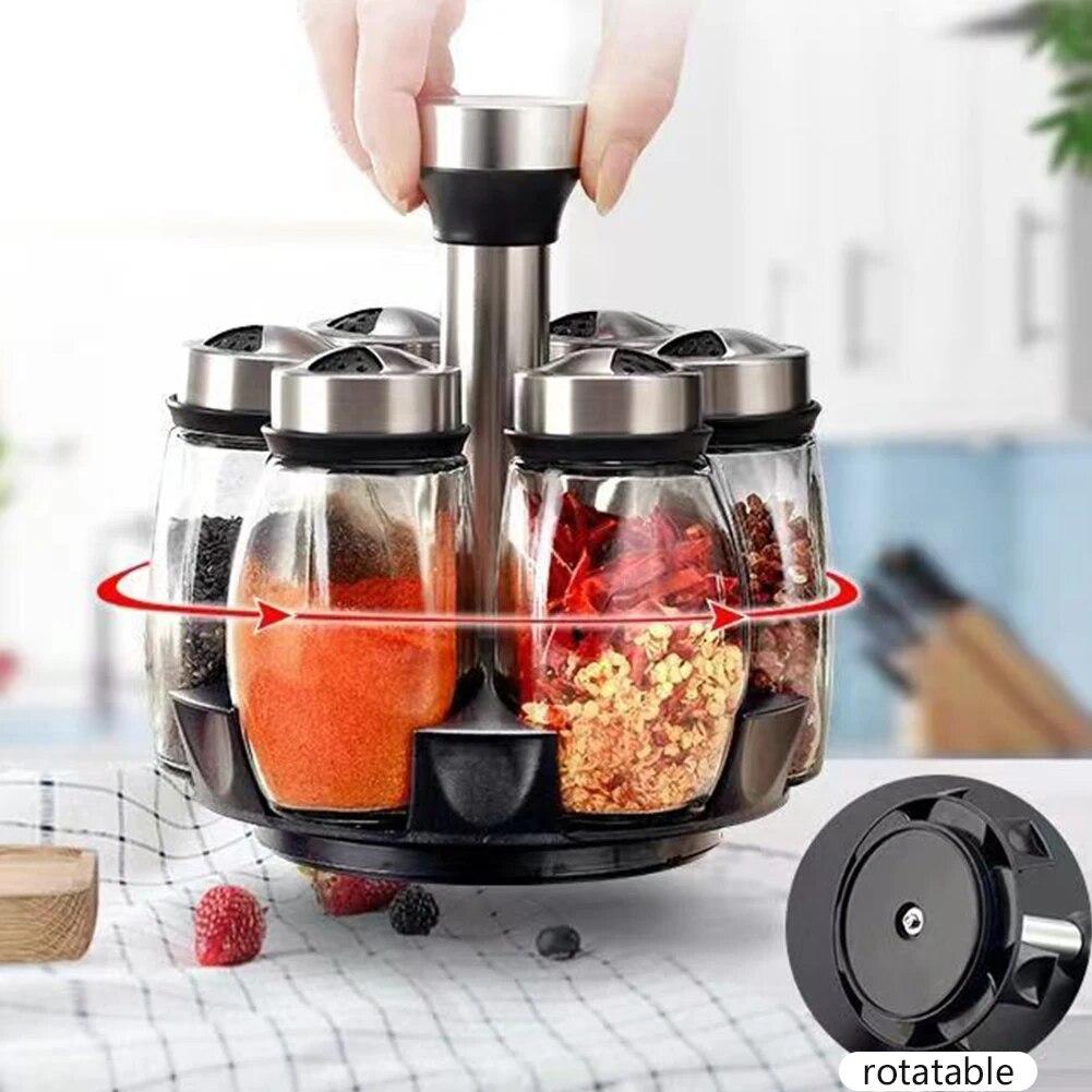 360 ° drehbare Basis 6-teiliges Pfefferstreuer-Aromabehälter-Gewürzküchensalzregal-Flaschenhalter Aromatank-Regal