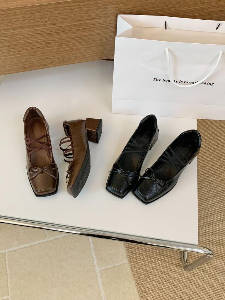 French thick heel cross with square head bow Mary Jane small leather shoes 2025 new commuter evening wind single shoes