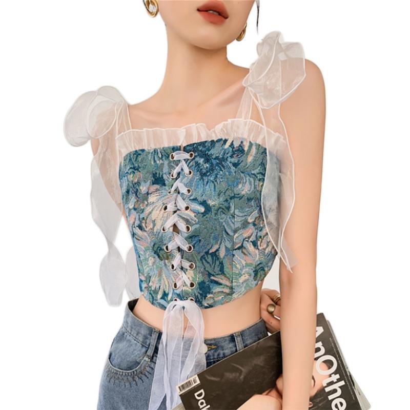 

Женский топ-жилет в ретро-стиле на бретелях с косточками, формирующий силуэт, корсет, скрывающий полноту, с сетчатыми бретелями, для полной груди, квадратный вырез M