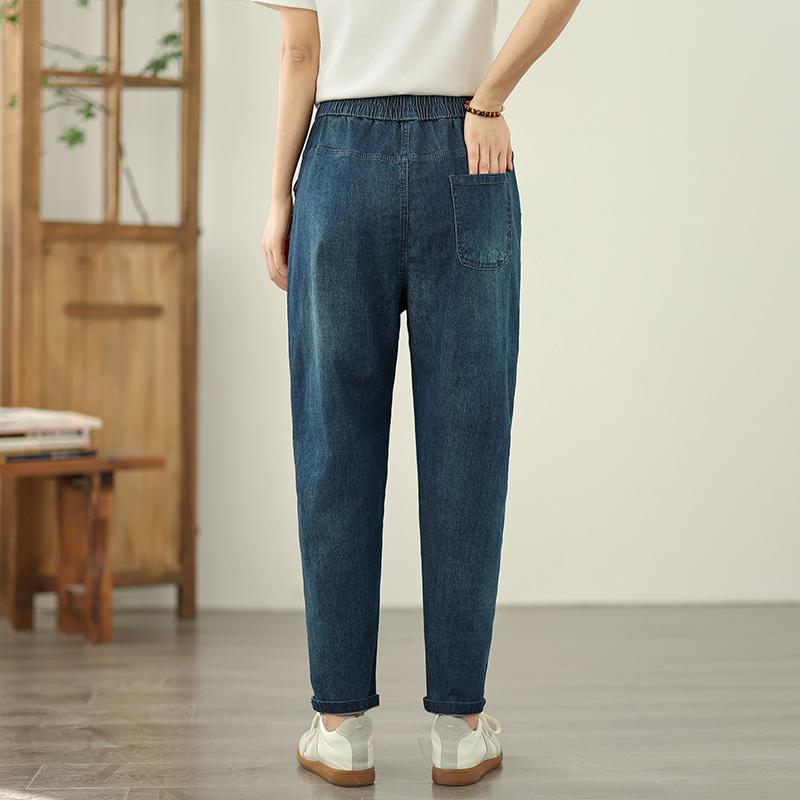 Blugi de vară pentru femei, talie înaltă, stil denim, subțiri, broderie vintage, pantaloni harem, mărime plus