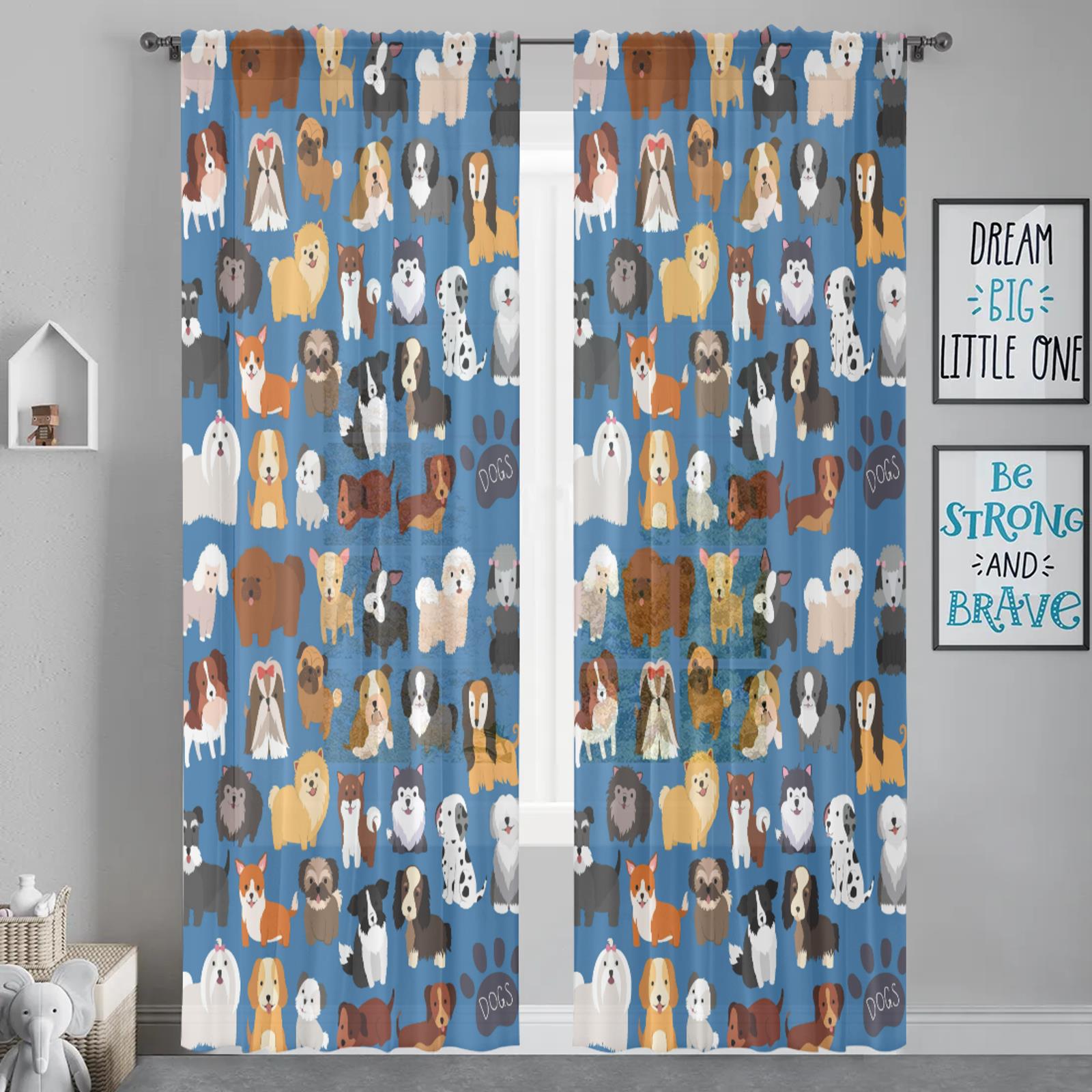 

Herdesings Прозрачные тюлевые шторы с собаками, Шифоновые драпировки с щенками, Домашние животные, 2 панели, Оконная занавеска для гостиной, спальни, кухни, украшение 2PC W74 x H91cm