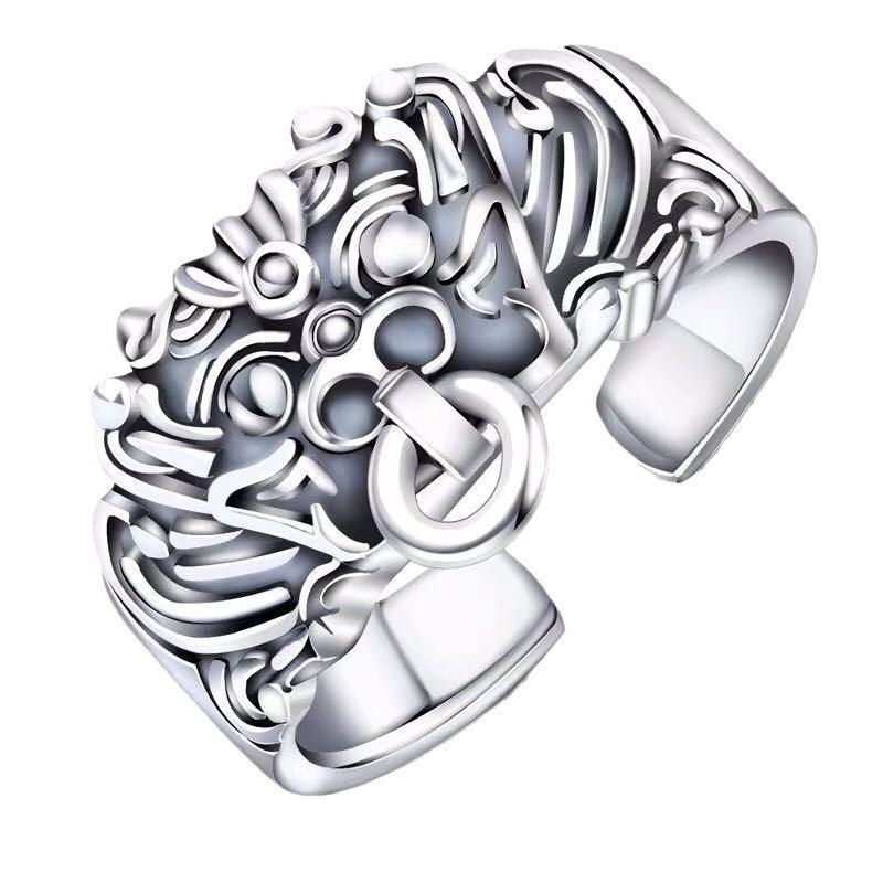Adjustable Open Ring Men Women Sterling Retro Mythical Beast Design Geometric Statement