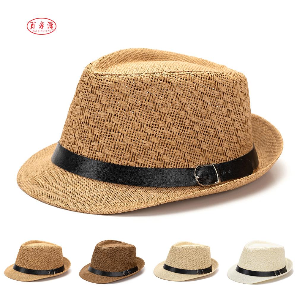 Straw plaid top hat Men's jazz hat Sunscreen crimped retro Panama straw hat British sun hat