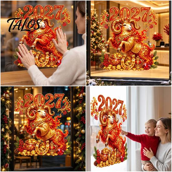 Holiday Window Display Supplies 2027 Red Golden Sheep Cling, Electrostatic Glass Sticker with Cornucopia, PVC Waterproof Easy Install Clings Decal for