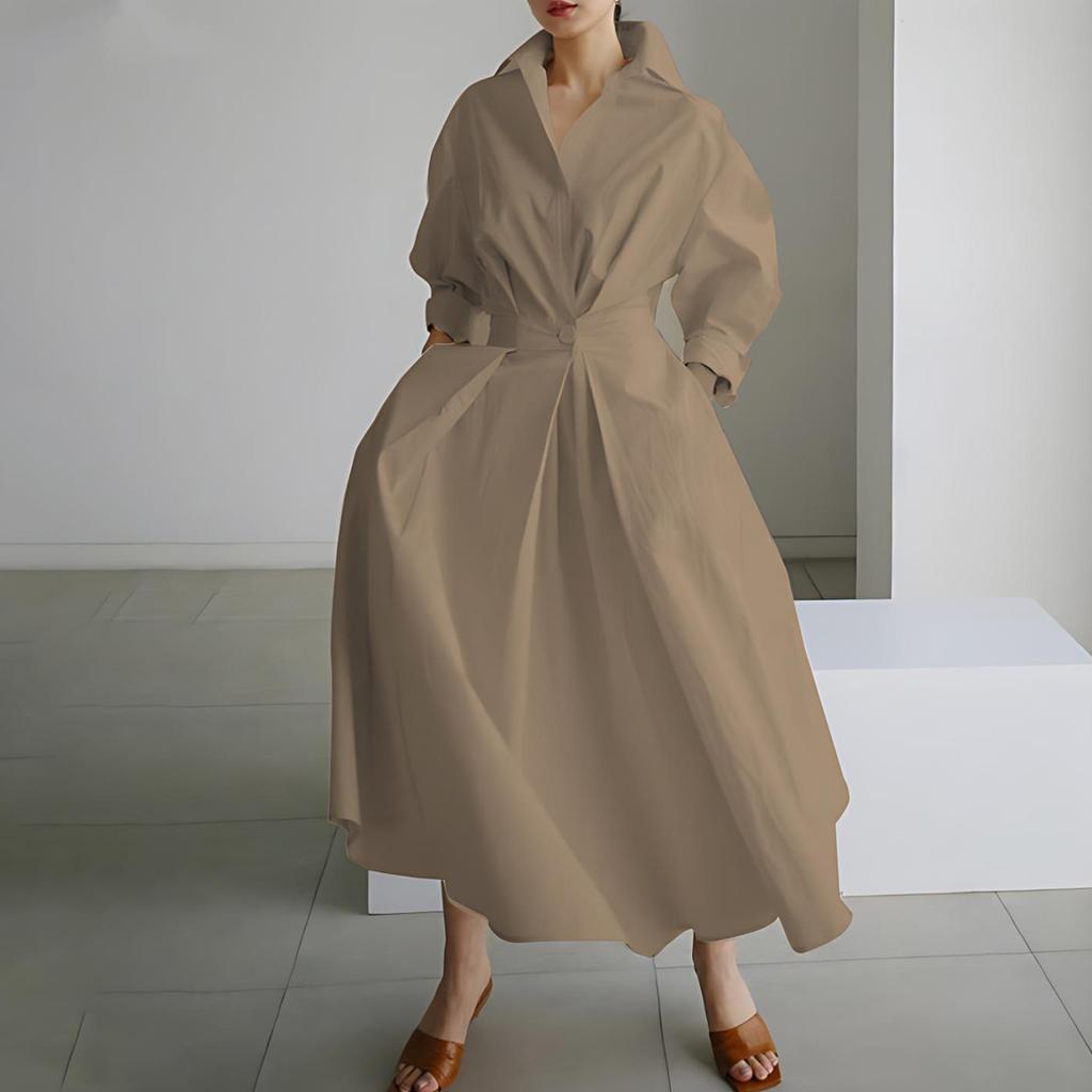 Spring Women's Fashionable Long Sleeved Shirt With Elastic Waist And Large Swing Dress