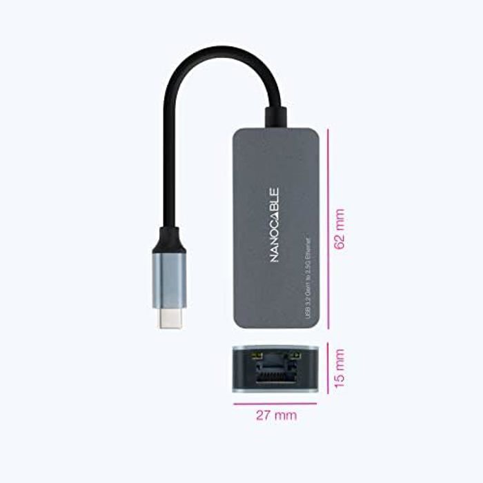 NANOCABLE 10.03.0410 - Convertisseur USB-C 3.2 GEN1 vers Ethernet 2.5G, Adaptateur USB-C 3.2 GEN1 vers Ethernet 2.5G, Boîtier