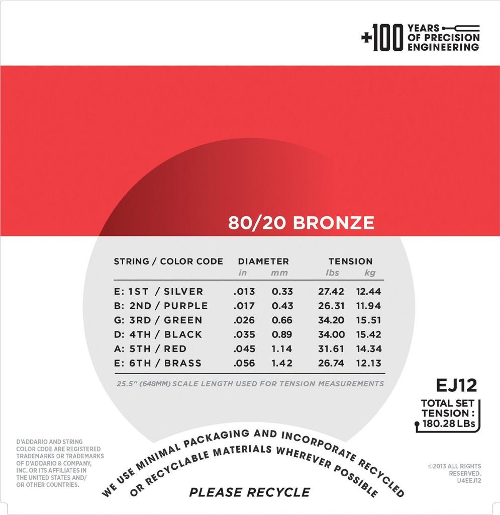D'Addario Acoustic Guitar Strings EJ12 80/20 Bronze Medium .013-.056 Set of 10