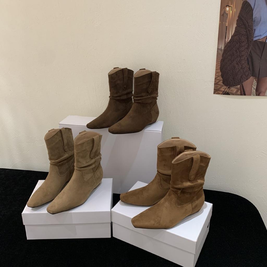 2025 Retro Low-heeled Square-headed Western Cowboy Stacking Boots Women's Autumn and Winter New Martin Boots Thin Boots