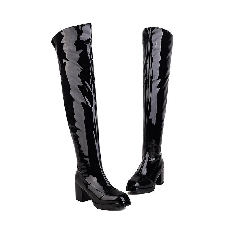 Дропшиппинг Осенне-зимние Модные Лакированные Женские Ботфорты на Толстой Подошве с Квадратным Носком 36 чёрный 6800₽