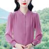 Women's Satin Blouse Mandarin Collar Puff Long-Sleeve Office Work Shirt