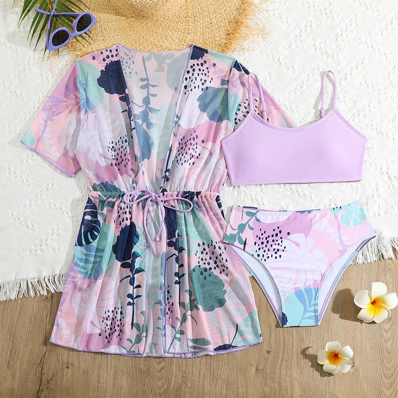 2025 European & American Fashion Girls' Three-Piece Swimsuit Set: Printed Bikini Swimwear