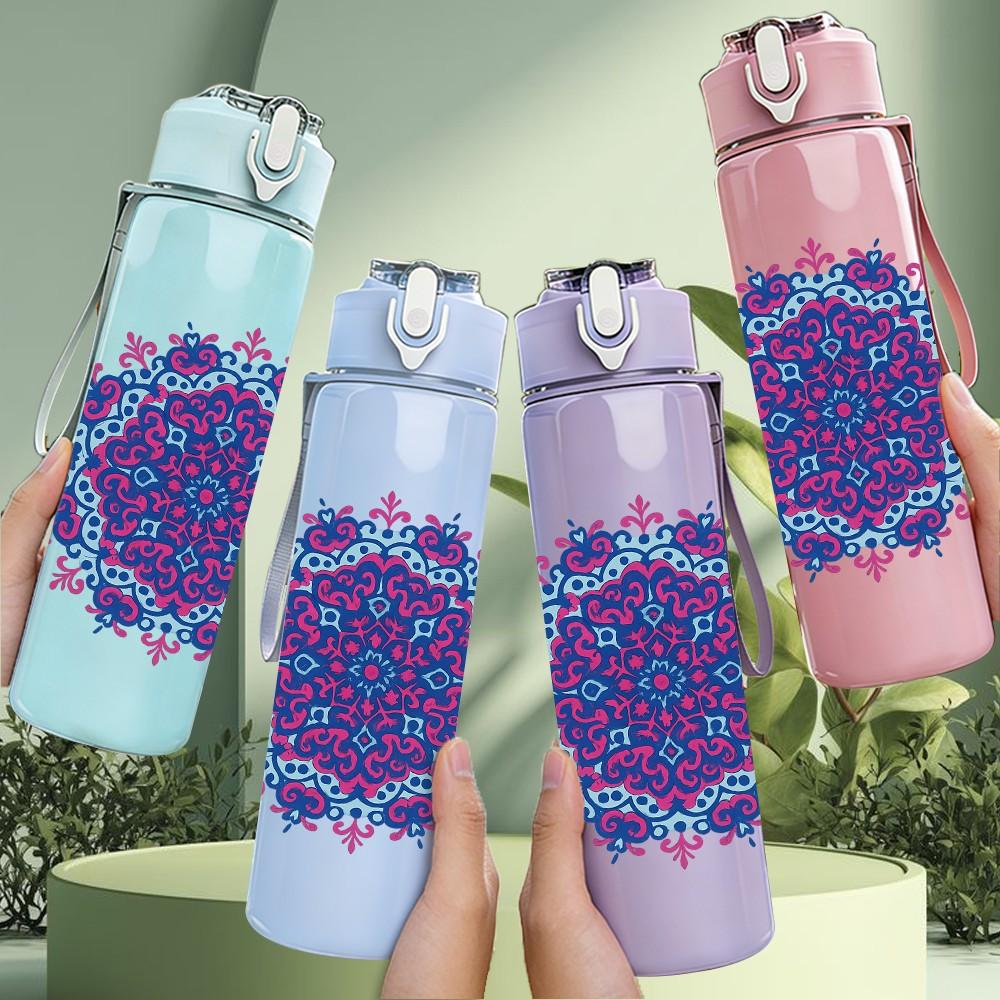 1PC Purple Floral Mandala Art 750ml Color Plastic Sports Water Bottle Leakproof Flip Straw Lid Suitable for Sports Office Home Use