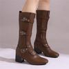 Knee-High Boots Women Vintage Belt Buckle Shoes Female Square High Heel Zipper Autumn Winter Soild Casual Botas Feminina
