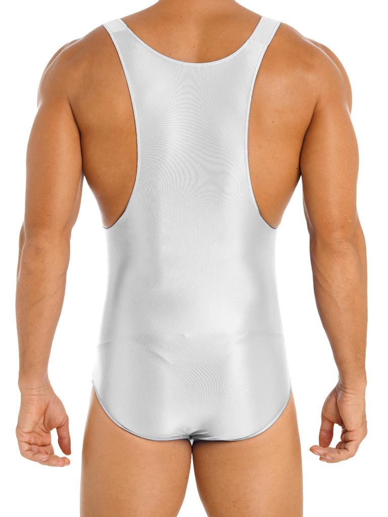 Mens Glossy Stretchy Sleeveless U Neck Leotard Skinny Jumpsuit Wrestling Singlet
