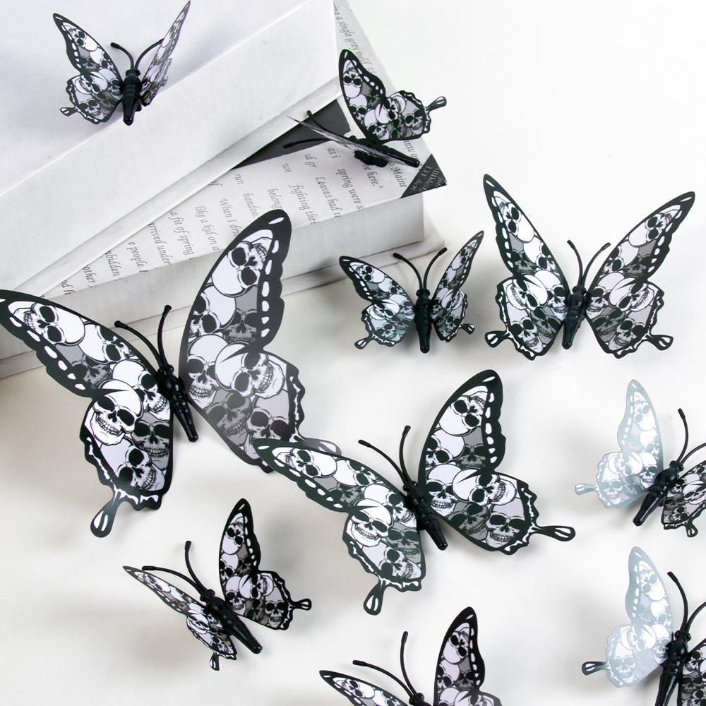 12/24pcs Gothic Black Skull/Butterfly/Bat Stickers DIY Halloween Wall Decoration 3D Butterfly Stickers Wall Decals Home Decor
