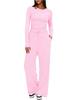 Solid Color Casual Long Sleeve Set Top High Waisted Wide Leg Pants Sportswear