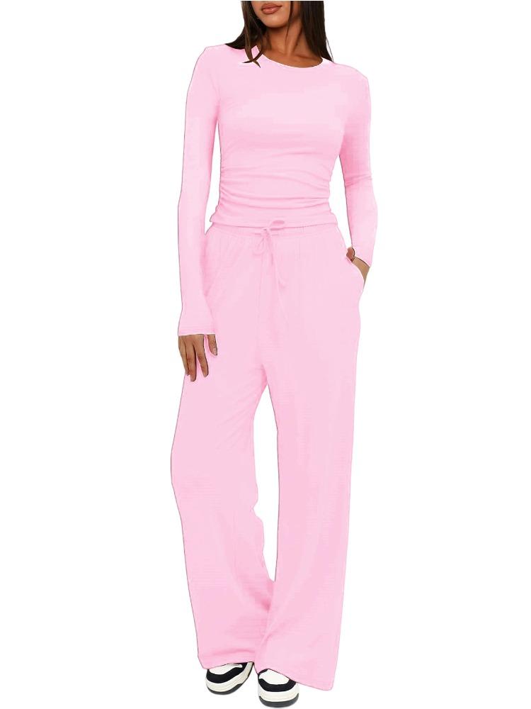 Solid Color Casual Long Sleeve Set Top High Waisted Wide Leg Pants Sportswear
