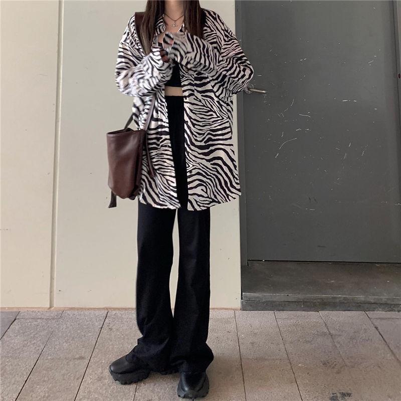 Retro Zebra Print Shirt for Women Baggy Blouse Streetwear Korean Style Black Long Sleeve Tops for Girl