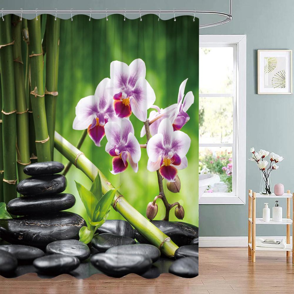Green Bamboo Zen Stone Shower Curtains Lotus Flowing Water Zen Landscape Shower Curtain Home Bathroom Decoration Set with Hooks