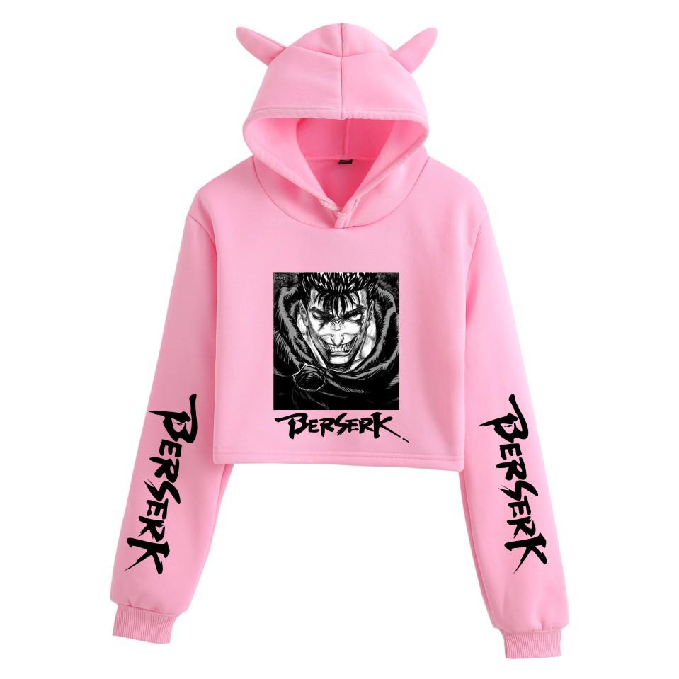 Women's Cat Ear Hoodie with Berserk Print - Cropped Style