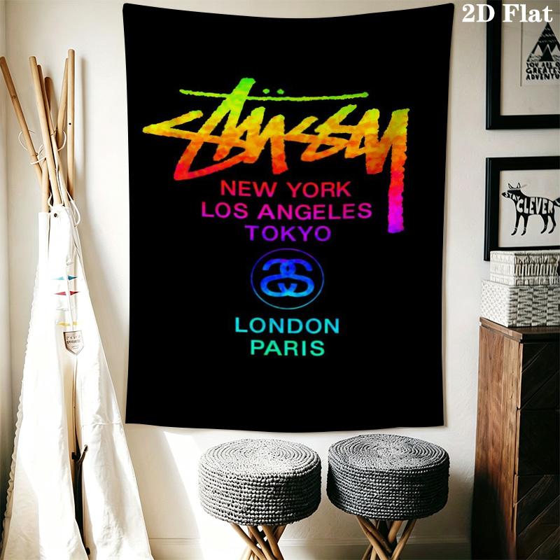 City List Text Tapestry, Black Background Street Brand Logo No.4 Wall Hanging Decor