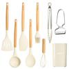 CAROTE Silicone Kitchen Utensil Shallow Tool High Heat Beige 9-Piece Set Spatula, Ladle, Tongs, Whisk, Spatula, Brush, Spoon, Peeler, Stand,