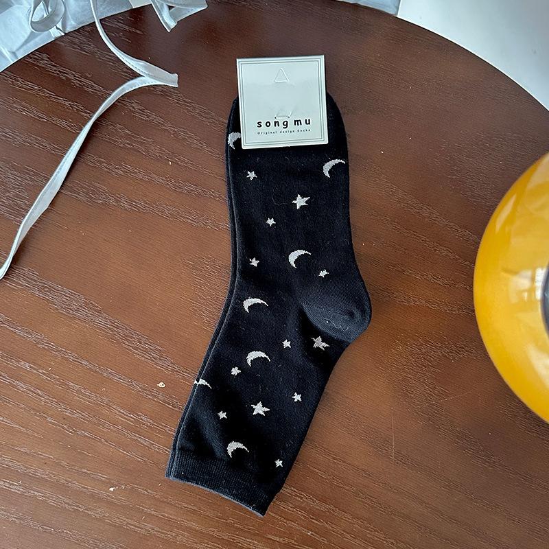 Women  Dot Socks Harajuku Streetwear Middle Tube Socks Moon Star Print Sweet Girls JK Lolita Kawaii Cute Socks
