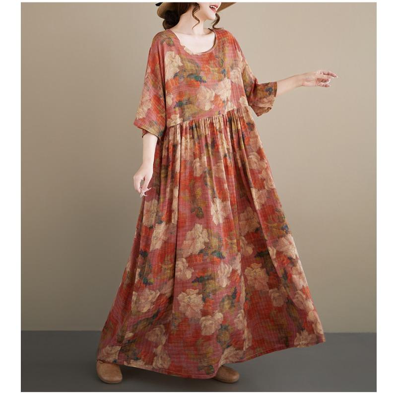 DIMANAF New 2026 Summer Beach Women Plus Size Lady Long Dress Loose Oversize Maxi Floral Print Vintage Cotton