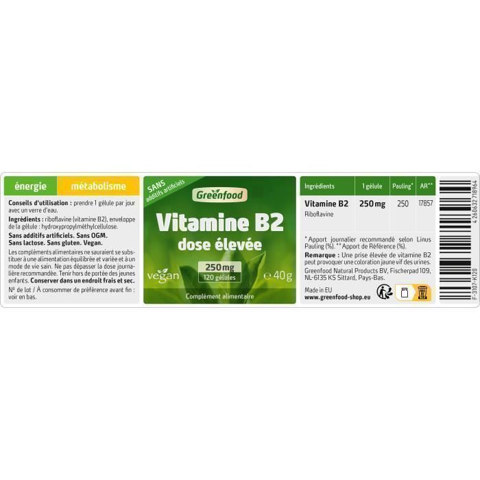 Greenfood vitamine b2 (riboflavine), 250 mg, 120 gélules, dose élevée. vegan.