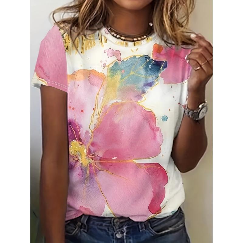 New Creative Colorful Ink Painting Floral Print Women'S Round Neck T-Shirt, Stylish And Trendy Casual Short-Sleeve Top for Women