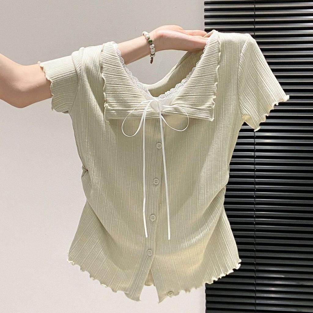 Design sense niche fake two pieces of fungus edge short-sleeved T-shirt women's summer fashion temperament pleated waist top