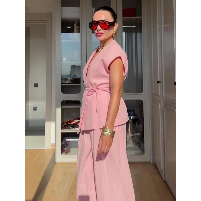 2025 Summer European & American Casual V-neck Short-sleeve Long Pants Fashion Set