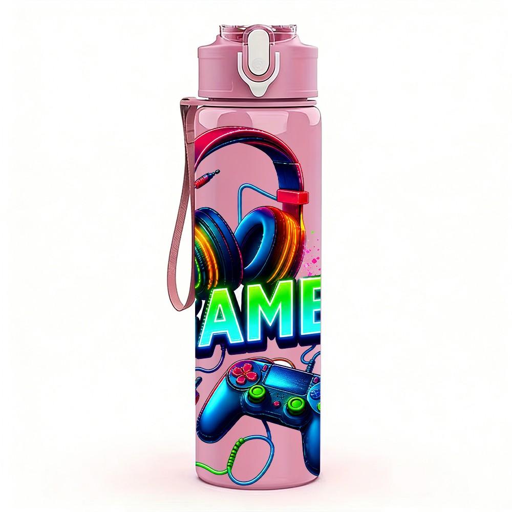 1PC Gamer Headphone Graphic 750ml Color Plastic Sports Water Bottle Leakproof Flip Straw Lid Suitable for Sports Office Home Use