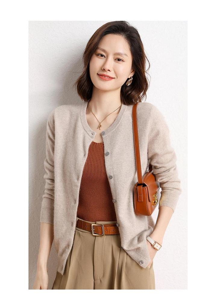 Women's Cashmere Cardigan: Round Neck, Loose-Fit, Multi-Button, Slimming Solid Color Sweater