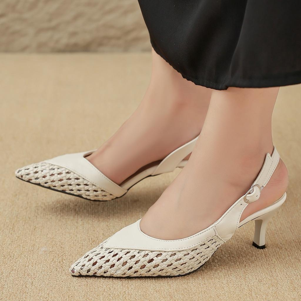 New Style Popular Women's Cow Leather Belt Pointed Toe High Heel Shoes Shallow Concise Dating Slingback Ins Modern Women Sandals