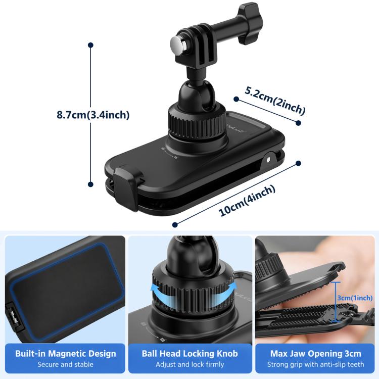 PULUZ Magnetic Quick-Release Base Backpack Clamp Mount for DJI, Insta360, GoPro and Other Action Cameras (Black)