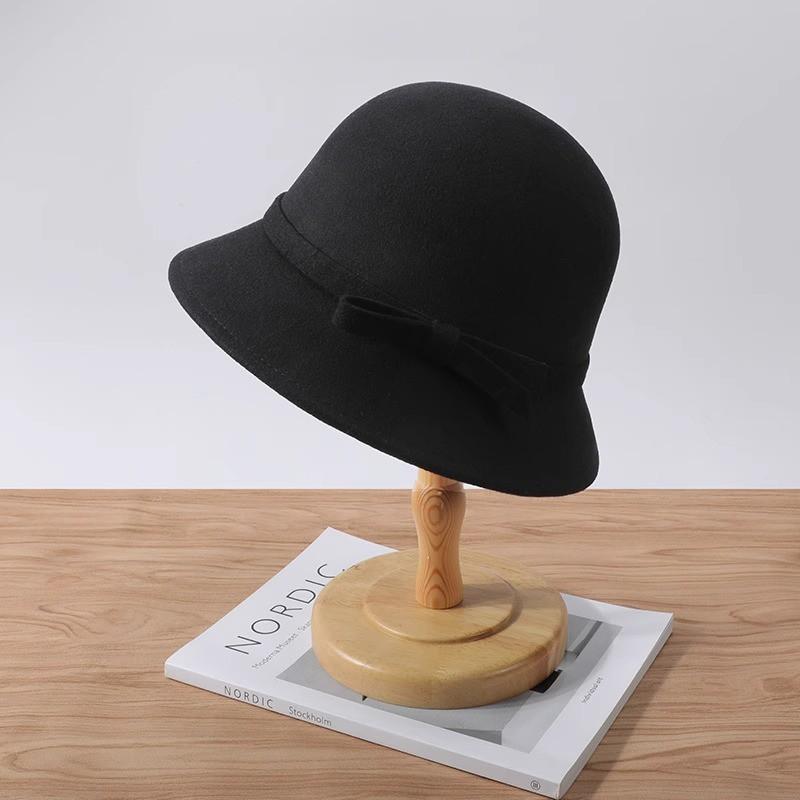 

Women Elegant Bowknot Fedoras Dome Hat Autumn Winter Windproof Woolen Felt Bucket Cap Female Lady Vintage Solid Color Basin Caps