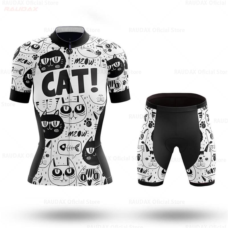 Women's Cycling Jersey Set Pink Cartoon Cat Summer Short Sleeve Breathable MTB Bike Cycling Clothing Maillot Ropa Ciclismo Mujer