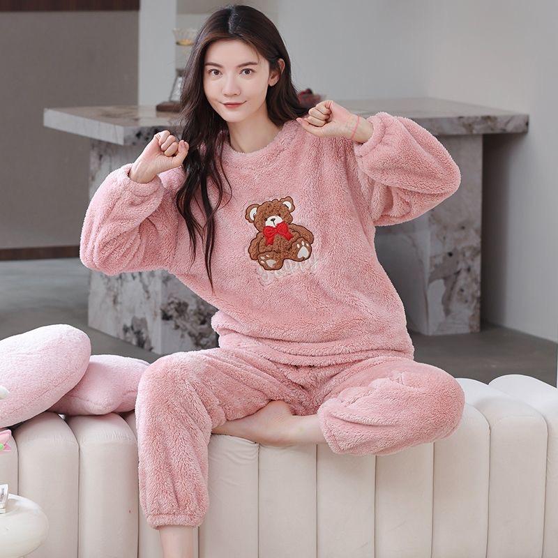 2025 Autumn Winter Cartoon Pajamas Sets for Women Warm Thicken Pajama Long Sleepwear Girl pyjamas Coral Fleece Homewear Clothes