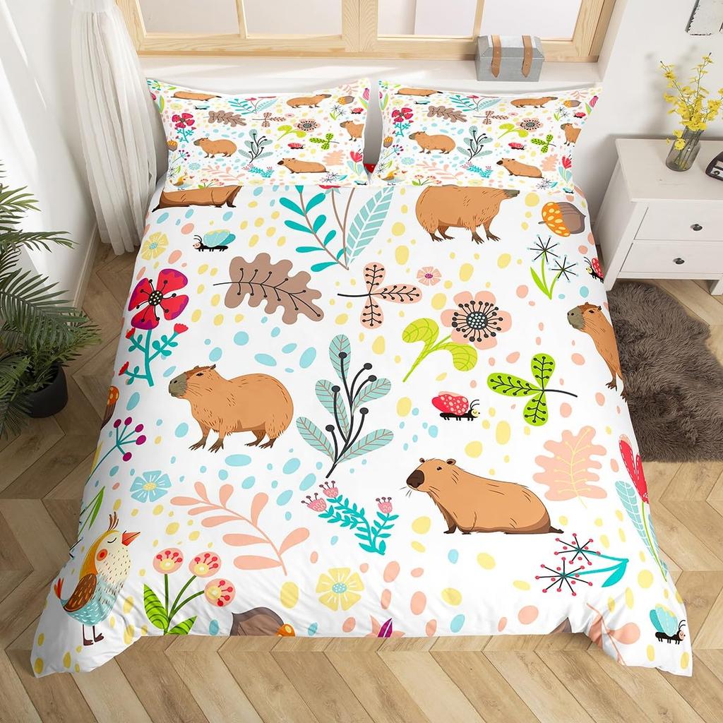 Comforter Cartoon Lion Kids Jungle Botanical Comforter Floral Zoo Animal Bedding Set Woodland Leaves Flowers