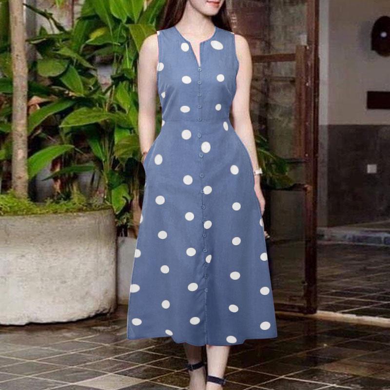 

ZANZEA Женское повседневное платье-трапеция в горошек с V-образным вырезом и разрезом без рукавов для отпуска XL