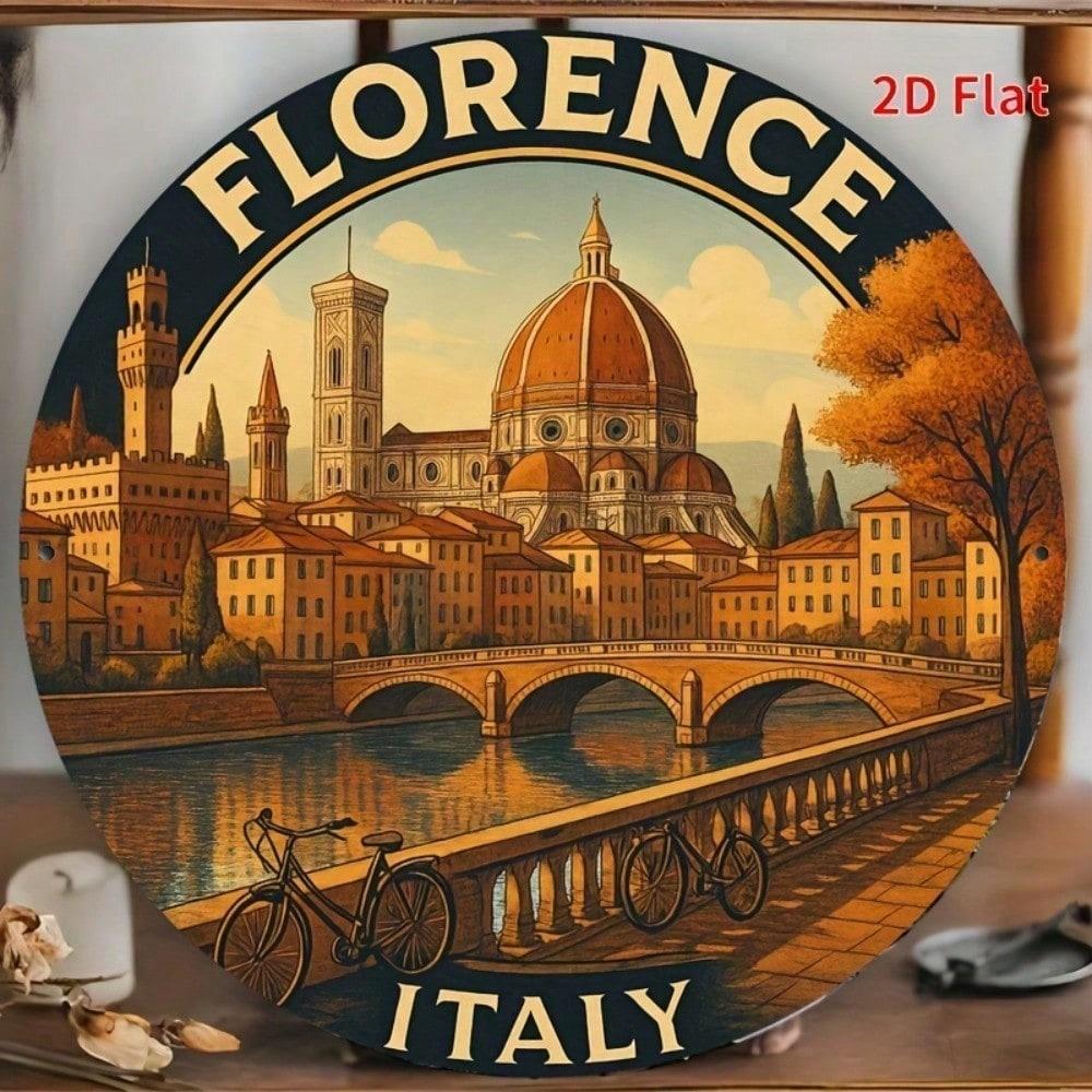 Vintage Florence Italy Metal Wall Art Duomo Cathedral Ponte Vecchio Cityscape Aluminum Sign (Multicolor,TYA-1083503-20x20)