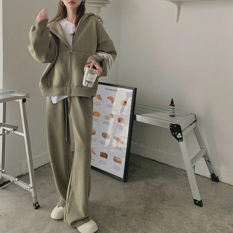Korean Style Women's Tracksuit Set - Loose Zipper Hoodie Casual Fashion for Autumn/Spring