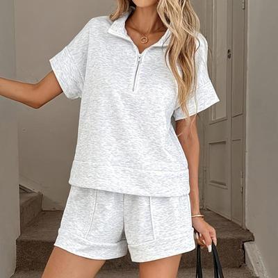 2pcs Women'S Casual Loose-Fit Zip-Up Polo Collar Short Sleeve T-Shirt and Pocket Shorts Set, Comfortable Two-Piece Outfit for Spring/Summer